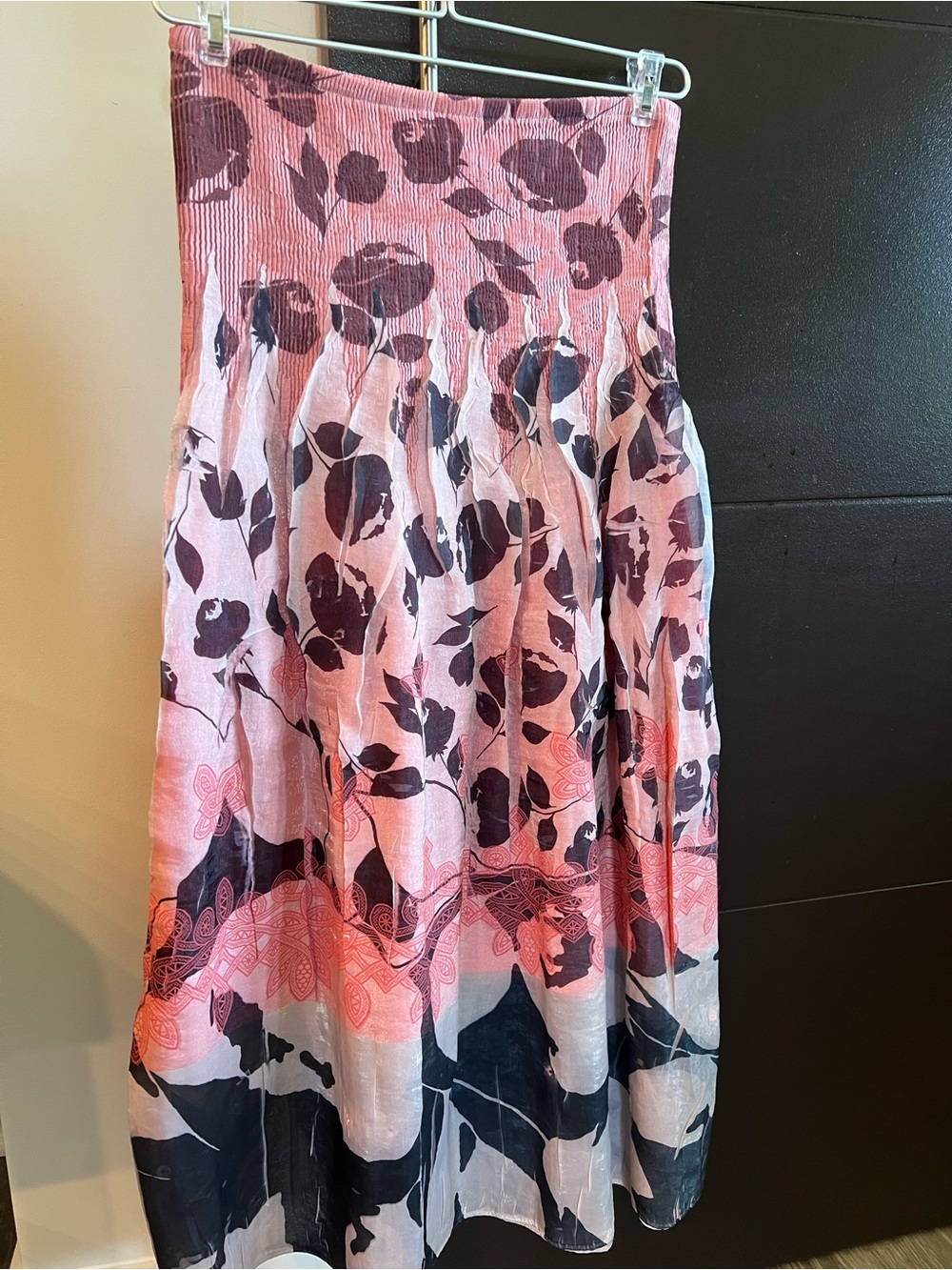 Lapis Pink Floral Smocked Maxi Skirt with Dark Leaf Print